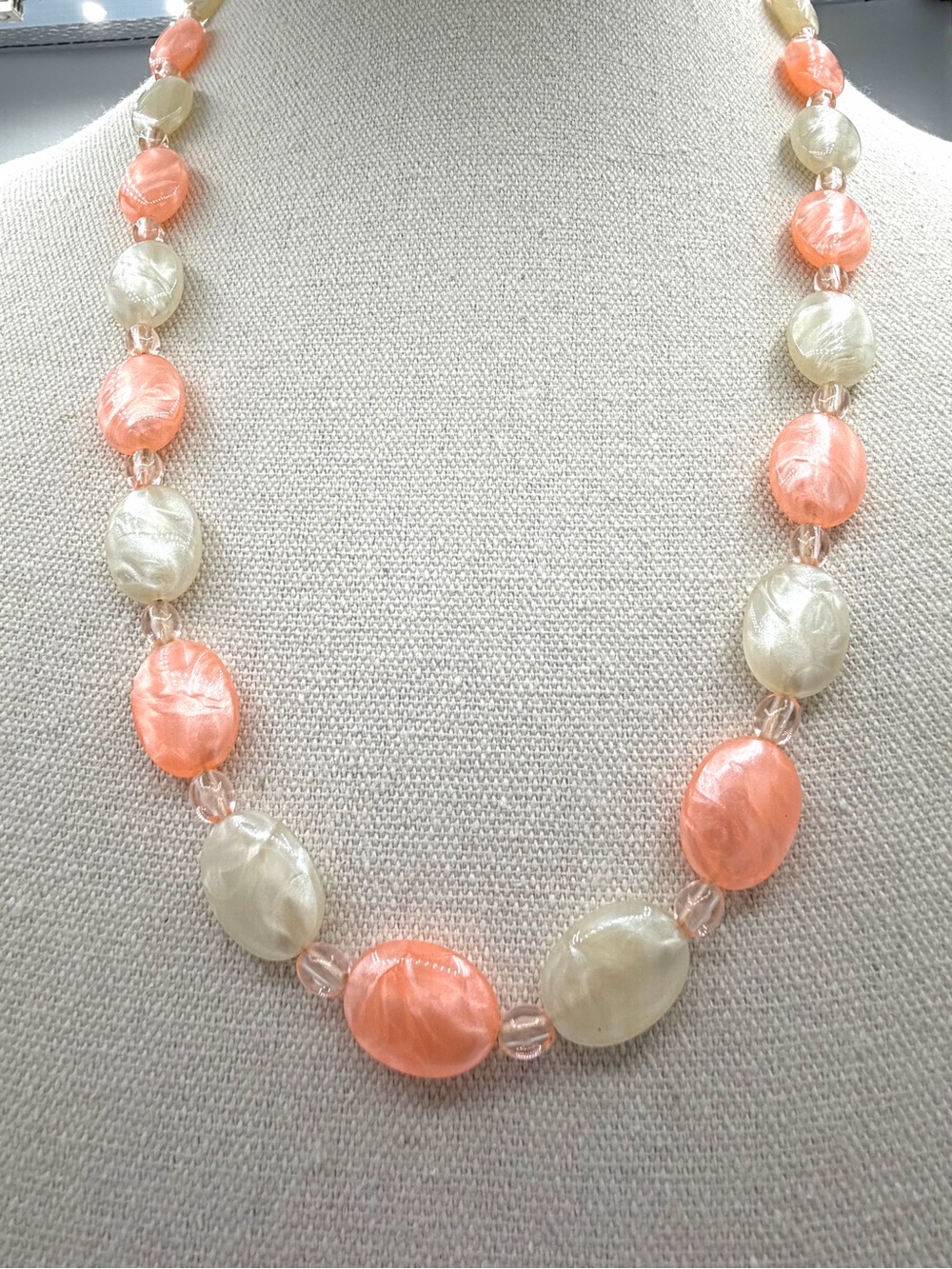 Pearlescent  Peach & Cream-Colored Oval Marbled Beaded Necklace Jewelry